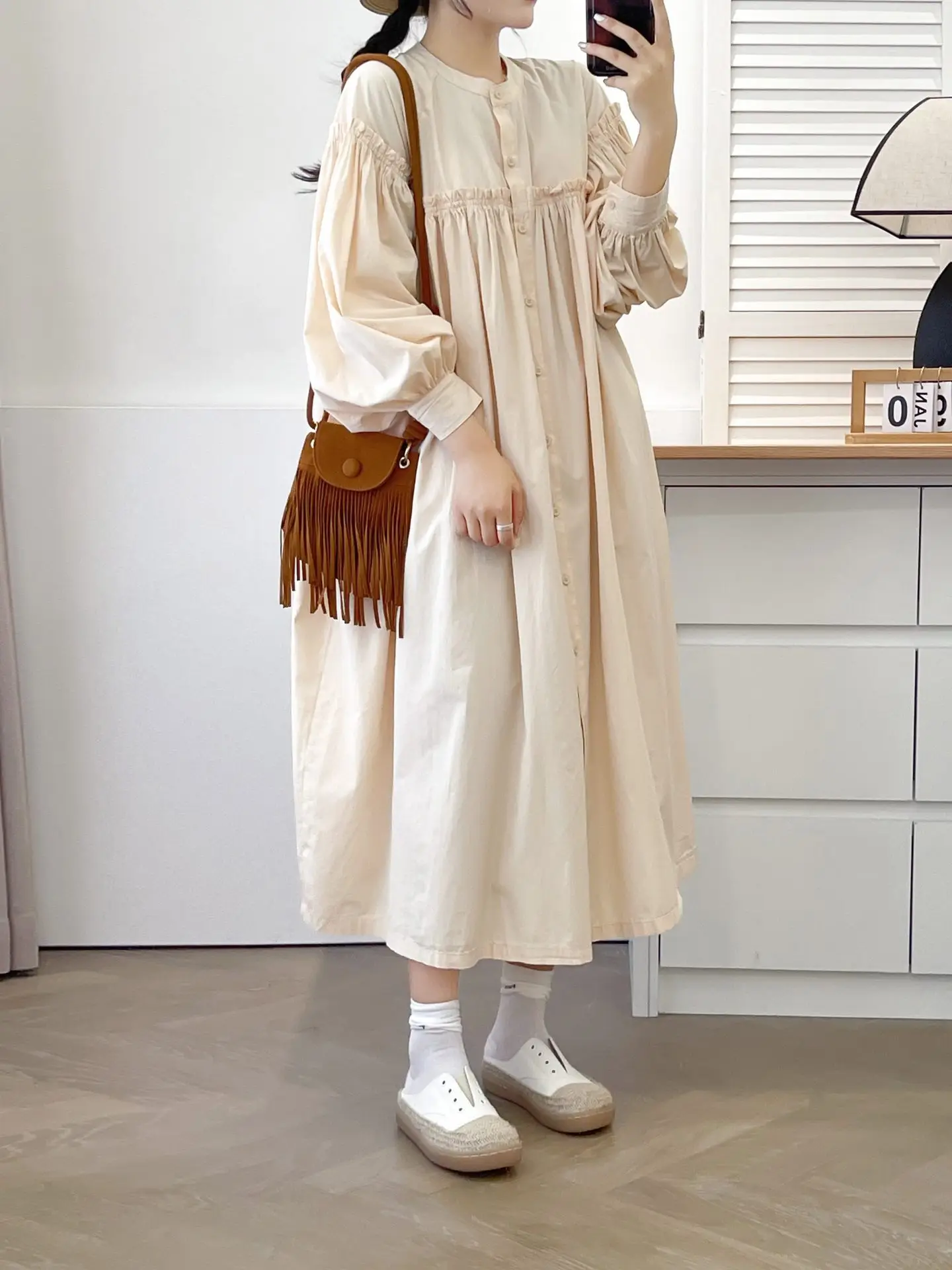 New Summer Cotton Long Lantern Sleeve Dresses, Woman Stand Neck Ruched, Mori Girl Sweet Loose Dress, 2024 Autumn D48370QM