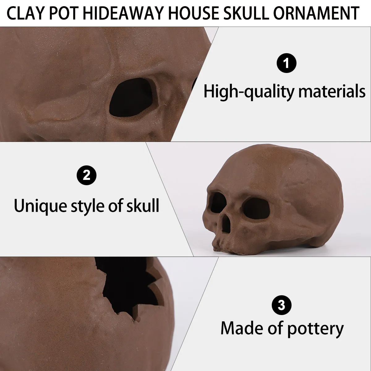 Skull Hiding Cave Fish Tank Decor Pottery Material for Aquarium Lasting Use Natural Look Suitable Salt Fresh Water Environment