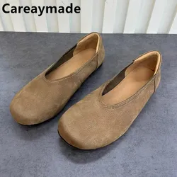 Careaymade-Genuine Leather women's shoes retro round toe casual one foot shallow mouth flat single shoes women grandma shoes