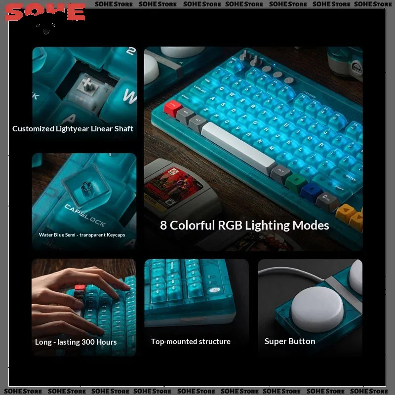Retro87 Mechanical Keyboard Blue Transparent Wireless Game Office Tri-mode Bluetooth Wired PC Notebook Android Retro for 8BitDo