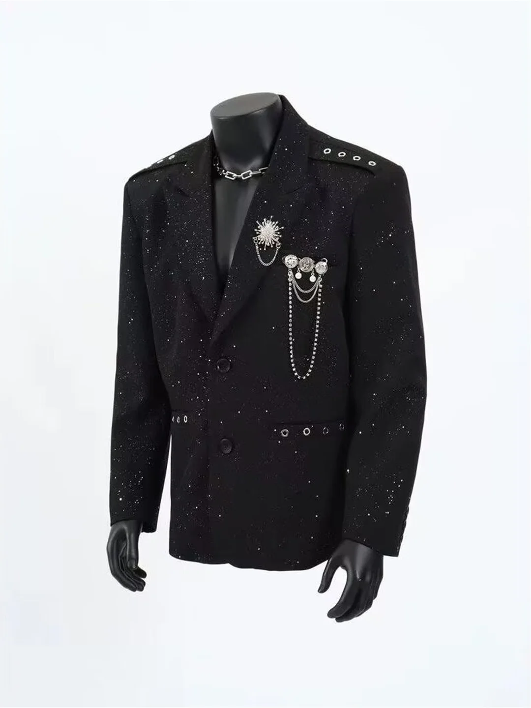 

Мужской черный костюм с пайетками и металлическим декором, модная городская верхняя одежда для выступлений, дышащий полиэстер