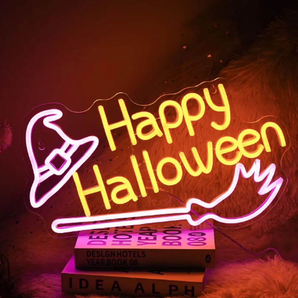 Enseignes au néon d'Halloween, lumière LED fantôme violet, lampe murale USB Dimmalbe, décoration de chambre à coucher, fête d'Halloween, maison, bar, club