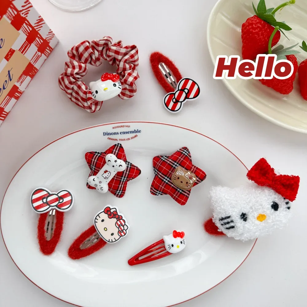 HelloKittys Red Series Manual Hairpin Hairband Sanrios Cartoon Fashion Girls Side Clip Headwear Hair Accessories Autumn Winter