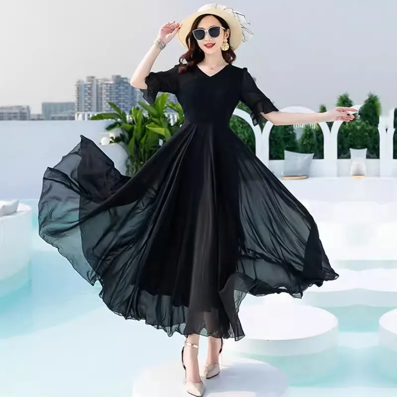 Summer Bohemian Long Dress Women Solid Color Short Sleeve V Neck 4XL Chiffon Dresses Maxi Evening Ladies Party Dress Vestidos
