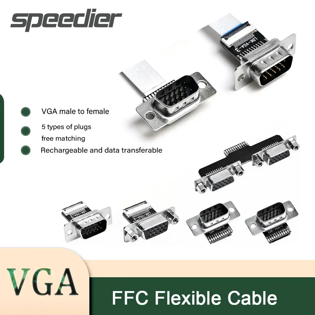 DIY FFC VGA Male Female 15Pin Plugs 90 Degree Right Angled Up Down Elbow Ultra-thin 20Pin Flexible Ribbon Cable PC Monitor Video