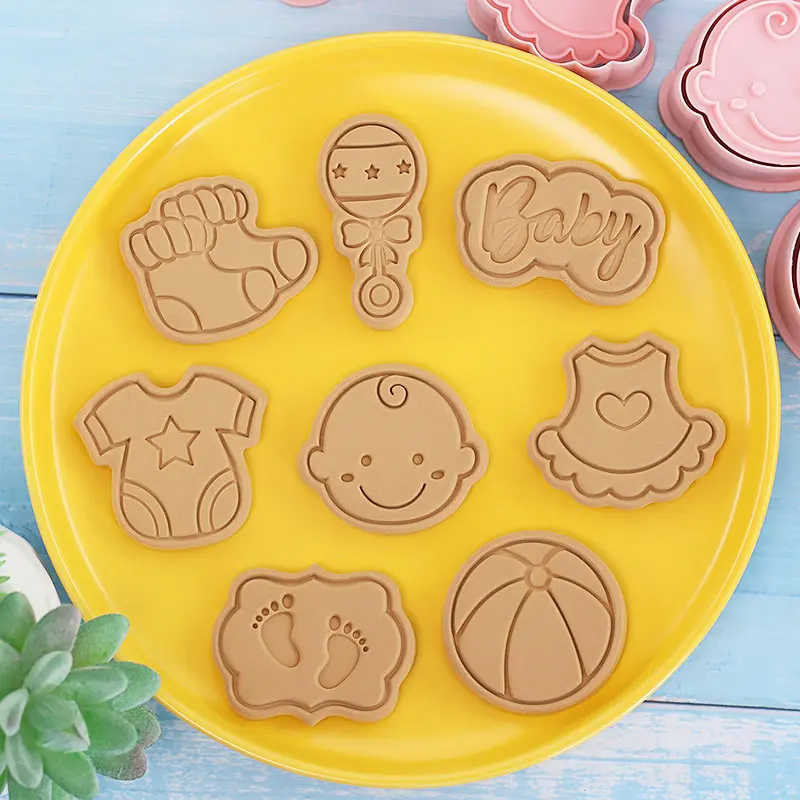 8 Pcs/Set Baby Theme Biscuit Mould Cookie Cutter 3D Cartoon Biscuits Mold Plastic Baking Cookie Stamp Cookie Decorating Tools