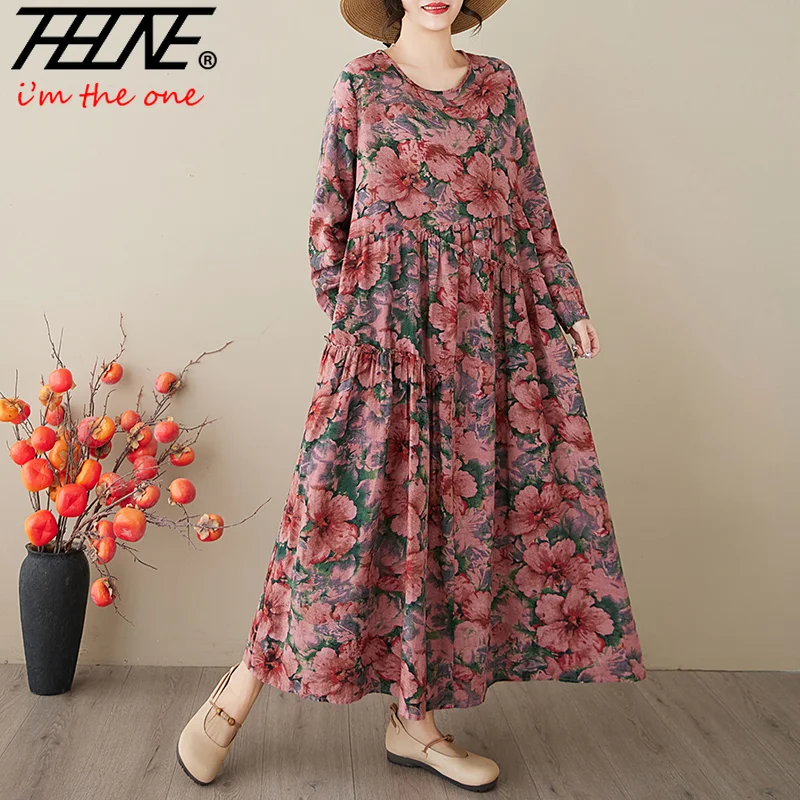 THHONE فساتين الربيع للنساء رداء طباعة عطلة الشاطئ فضفاضة س الرقبة خمر كم طويل فستان كاجوال الملابس Vestido Feminino