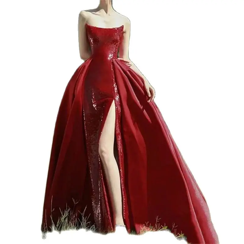 Red Sequined Long Evening Dress For Women With Side Slit Sexy Strapless Ballgown Prom Dress In Stock Court Train Party Gown