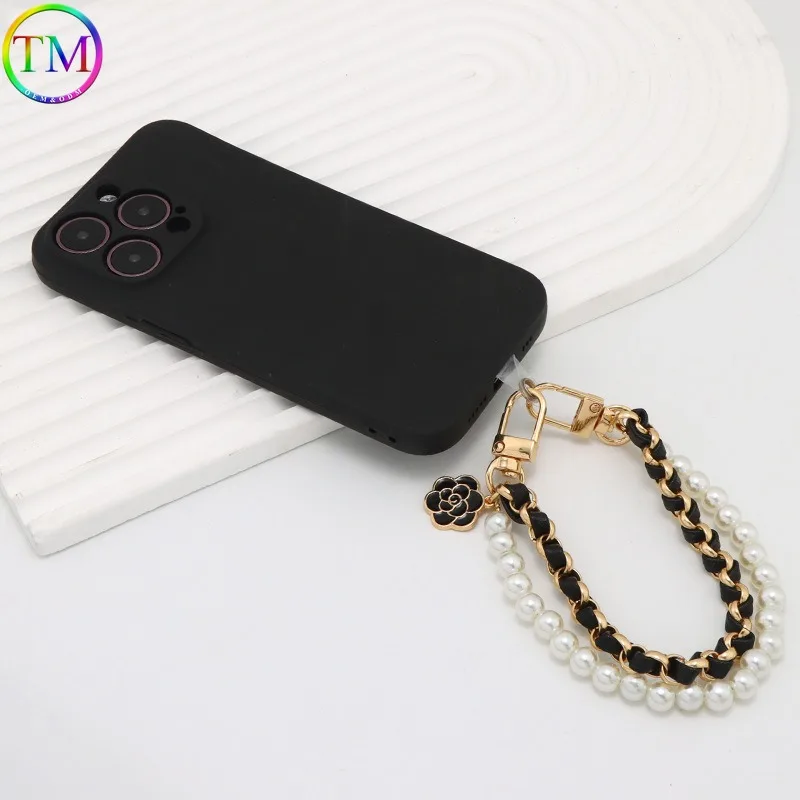 New 26cm Phone Lanyard Leather Pearl Metal Key Chain Mobile Phone Charm Bracelet Chain Camellia Cell Phone Strap Rope Pendant