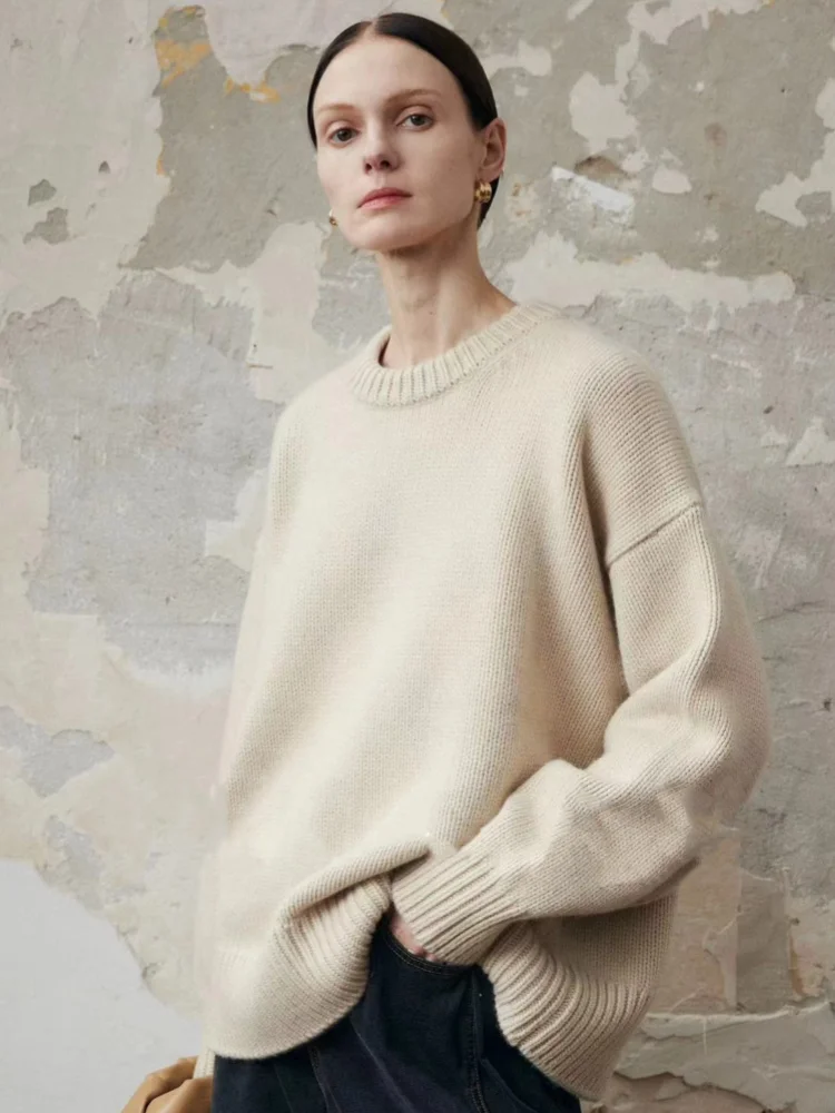 

00% чистая шерсть круглый свитер Ne свободный удобный вязаный утягивающий цвет универсальный осенне-зимний шерстяной топ