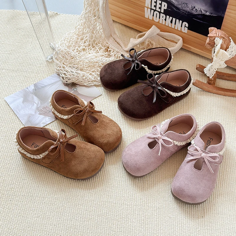 

Autumn Children Flat Shoes Suede Bowknot Hook-loop Chic Girl's Leather Shoe Leisure Round Toe Lovely Daily Kids Shoe 23-36