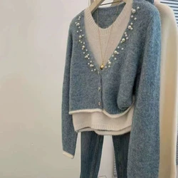 Korean Fashion Autumn Winter Sweaters Fake Two Pieces Women's O-Neck Button Embroidered Long Sleeve Loose Pullovers Knitted Tops