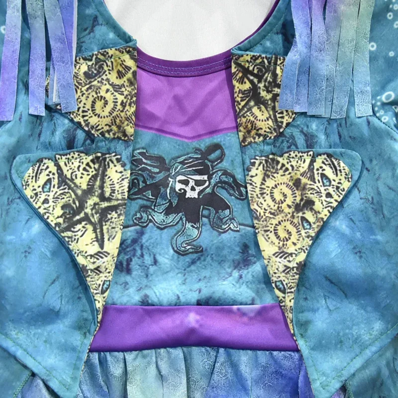 Hn8 descendentes 3 mal berta malficent cachos ao vivo mal em linha reta azul crianças meninas cosplay boné vestido traje de halloween para criança) 4dc