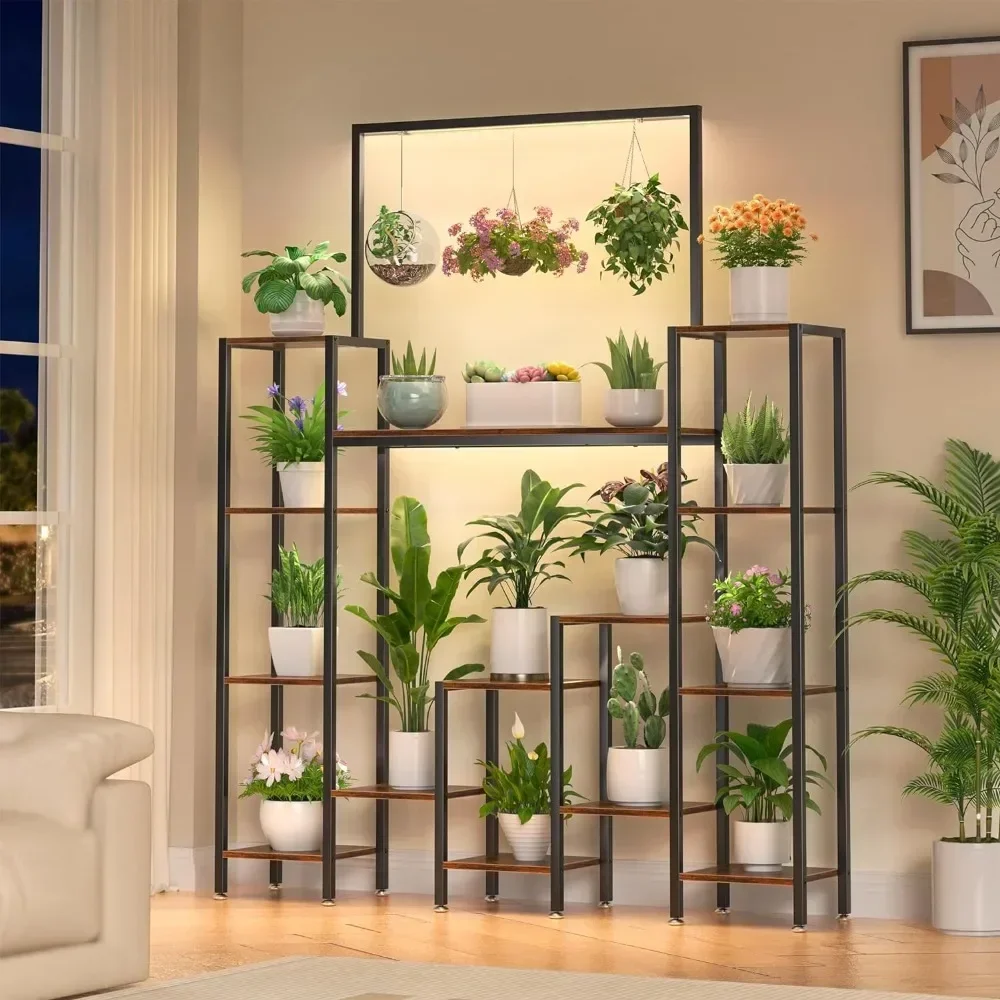 Large Wooden Plant Shelves Flower Pots Tiered Plant Stand Indoor with Grow Lights, Tall Metal Plant Stands for Plants Multiple