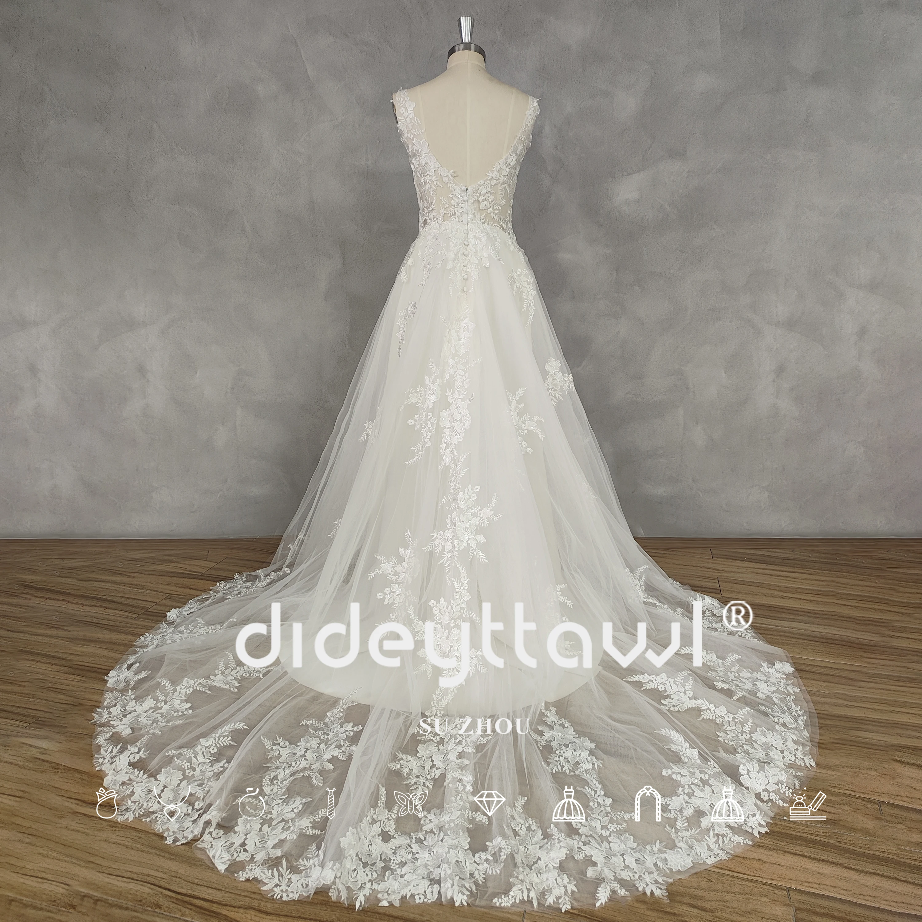 DIDEYTTAWL Real Picture V-Neck Appliques A-Line Tulle Wedding Dress Zipper Back High Side Slit Court Train Bridal Gown