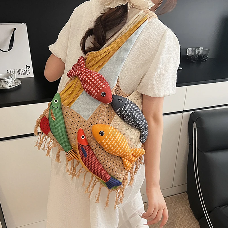 Women Large Capacity Knitted Tote Handbag Summer Beach Bag Aesthetic Travel Bag For Daily Use Shopping Shoulder Bag