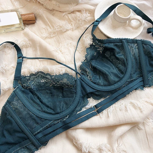 Imagen 2 del producto Conjunto de sujetador de realce calado para mujer, ropa interior Sexy de encaje francés bordado, lencería íntima transpirable ultrafina de verano, 2 piezas