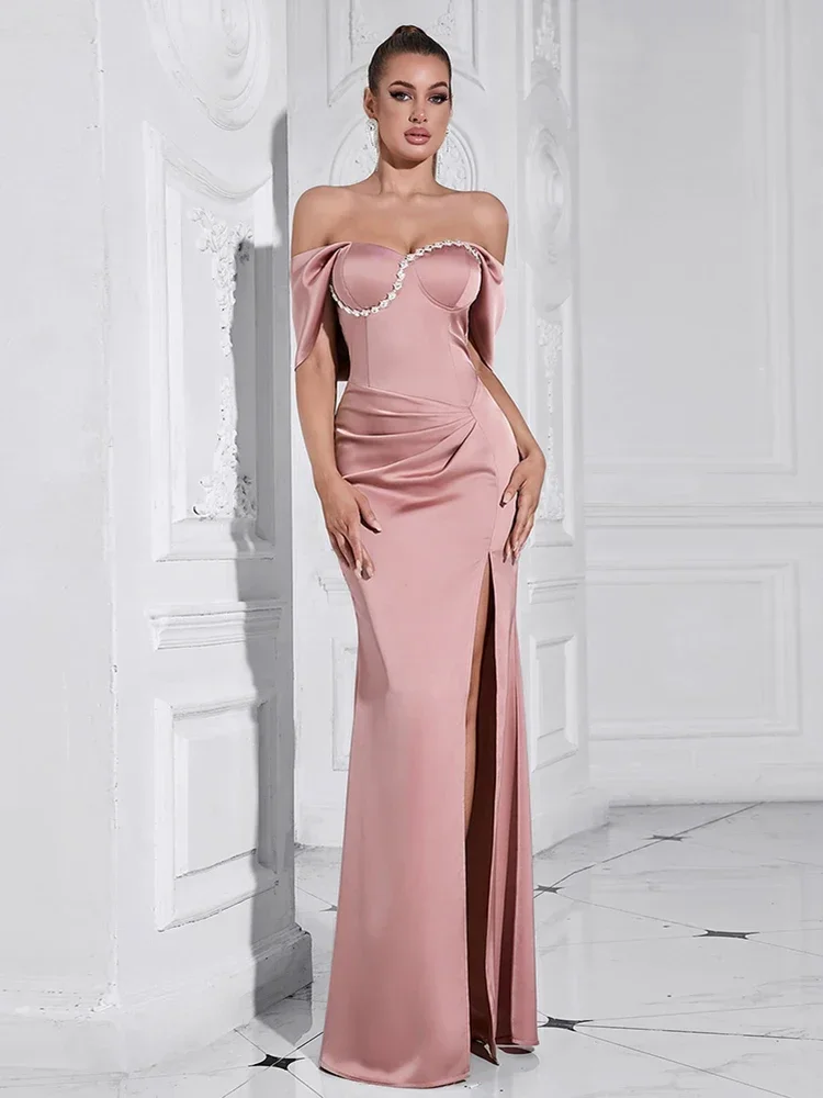 Sexy Off Shoulder Diamonds Pleated Maxi Dresses for Women Sleeveless Ruched High Split Slim Celebrity Club Evening Party Gowns