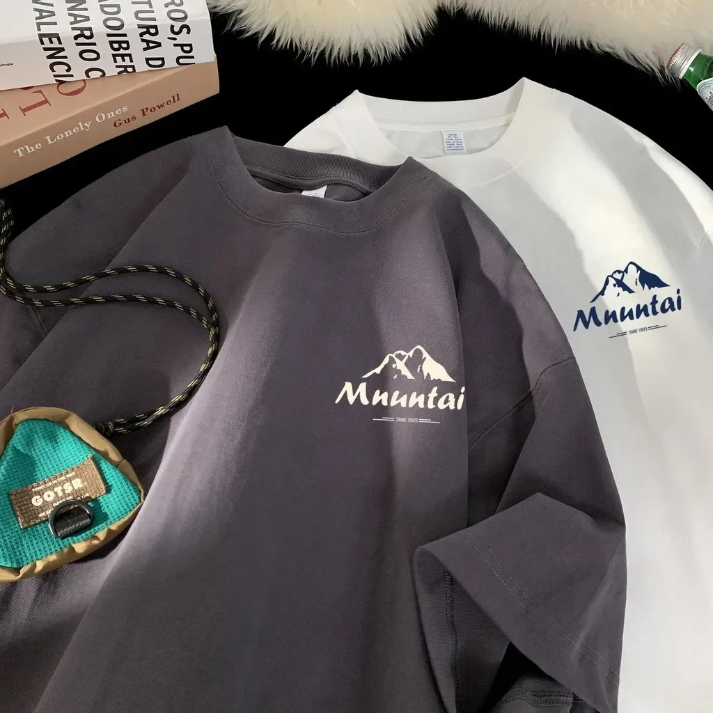 

Летняя футболка, пуловер, футболка большого размера в гонконгском стиле, футболка с горным буквенным принтом