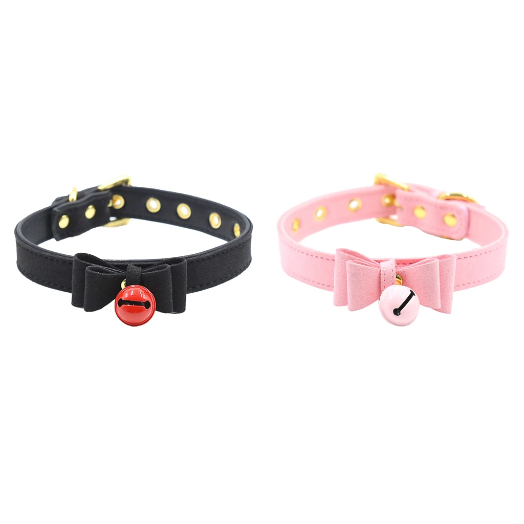 Cute Bell Bowknot Choker Necklace PU Leather Adjustable Neck Strap Accessory for Cosplay and Festivals