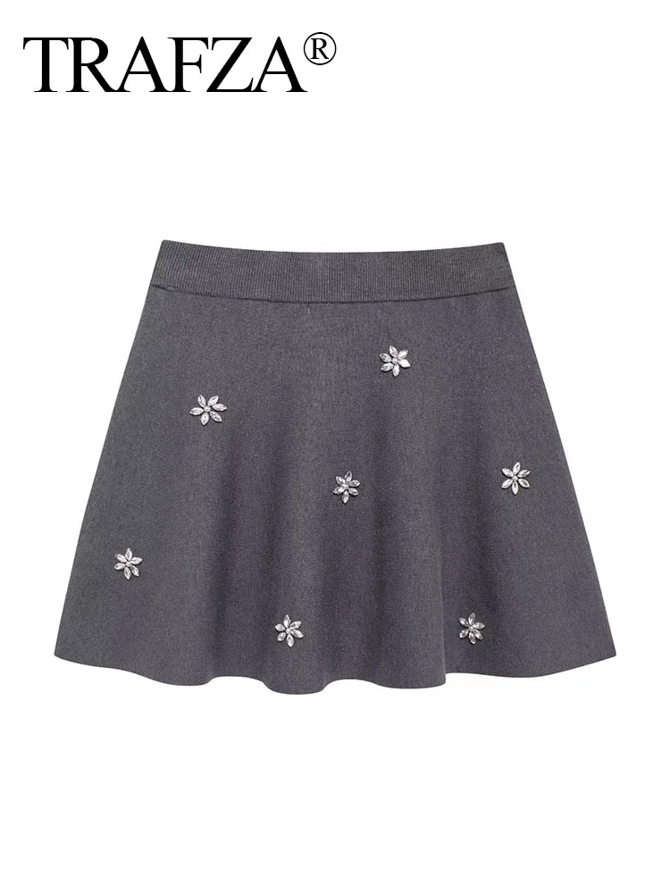 TRAFZA Summer Woman Fashion Casual High Waist Skirt Women Jewelry Decorate Grey Elastic Waist Knitted Slim Mini Skirt Mujer