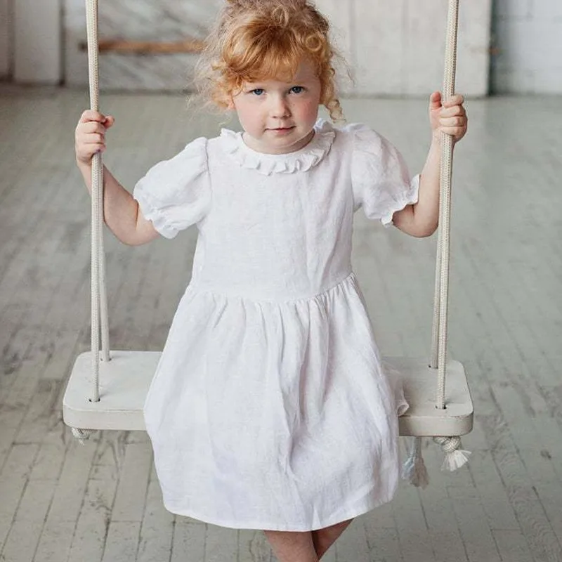 2024 Summer New Girl's Linen Doll Collar Baby Princess Dress Solid Cotton and Linen Short Sleeved Fresh Dress for Children