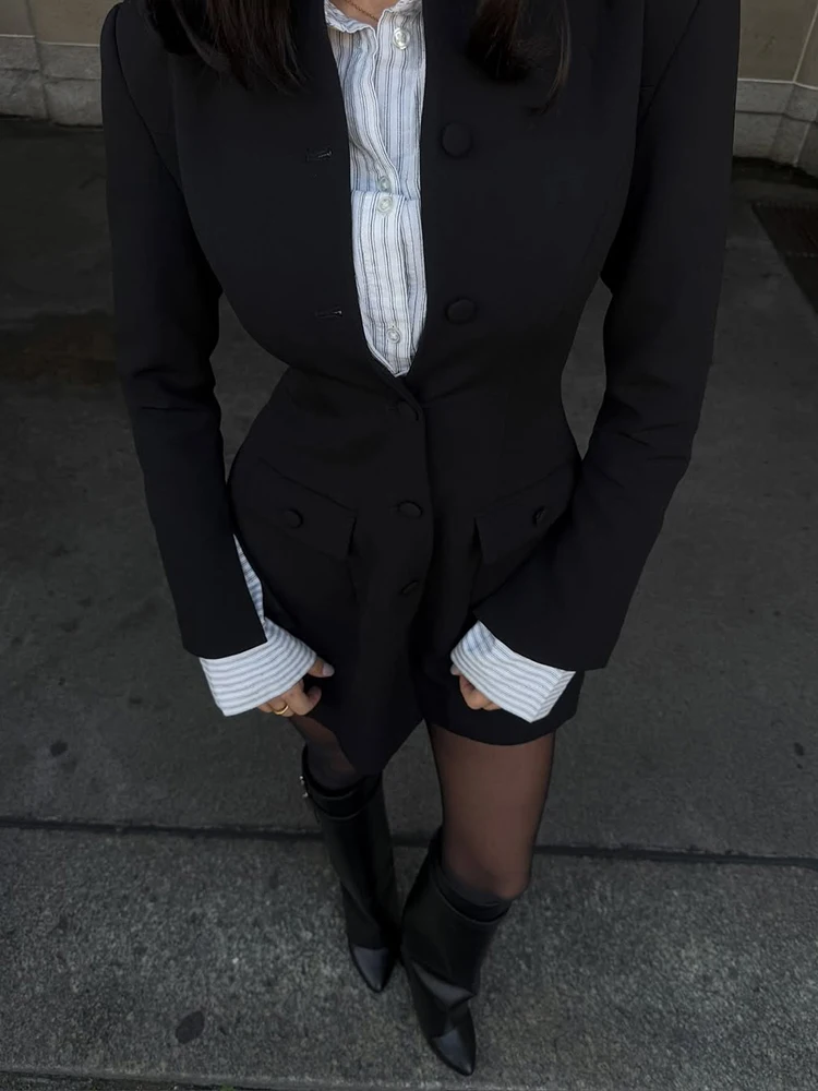 XIAOTANG Lange Mouw Single-breasted Sexy Mini Jurk Vrouwen Elegante Zwarte Twee Pocket Hoge Taille A-lijn Club Party Jurken Vrouwelijke