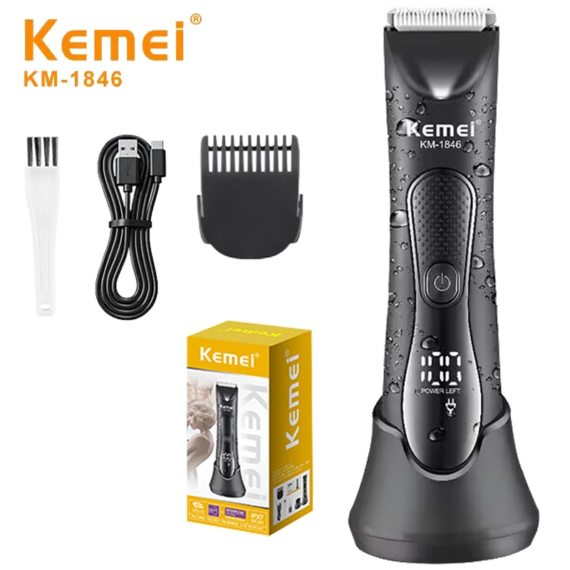 Kemei IPX7 Waterproof Hair Trimmer Private Area Hair Remover Electric Hair Shaving Machine LED Display Bikini Shaver KM-1846