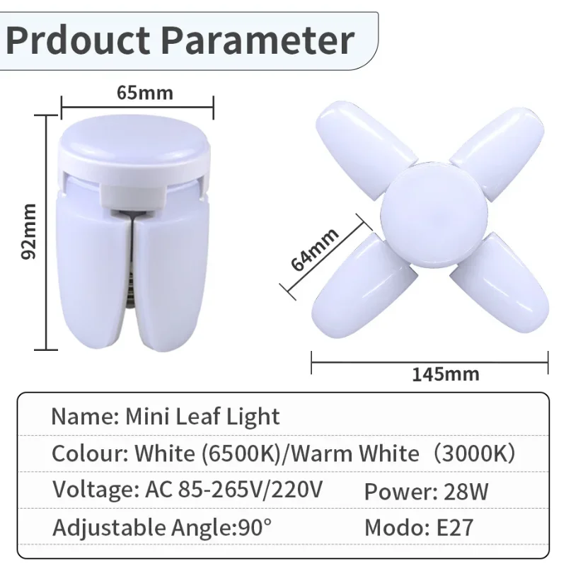 省エネ折りたたみ式ファンブレードLED電球、ガレージ電球、工業用ランプ、超高輝度照明、AC 220v、85-265v、28w、e27