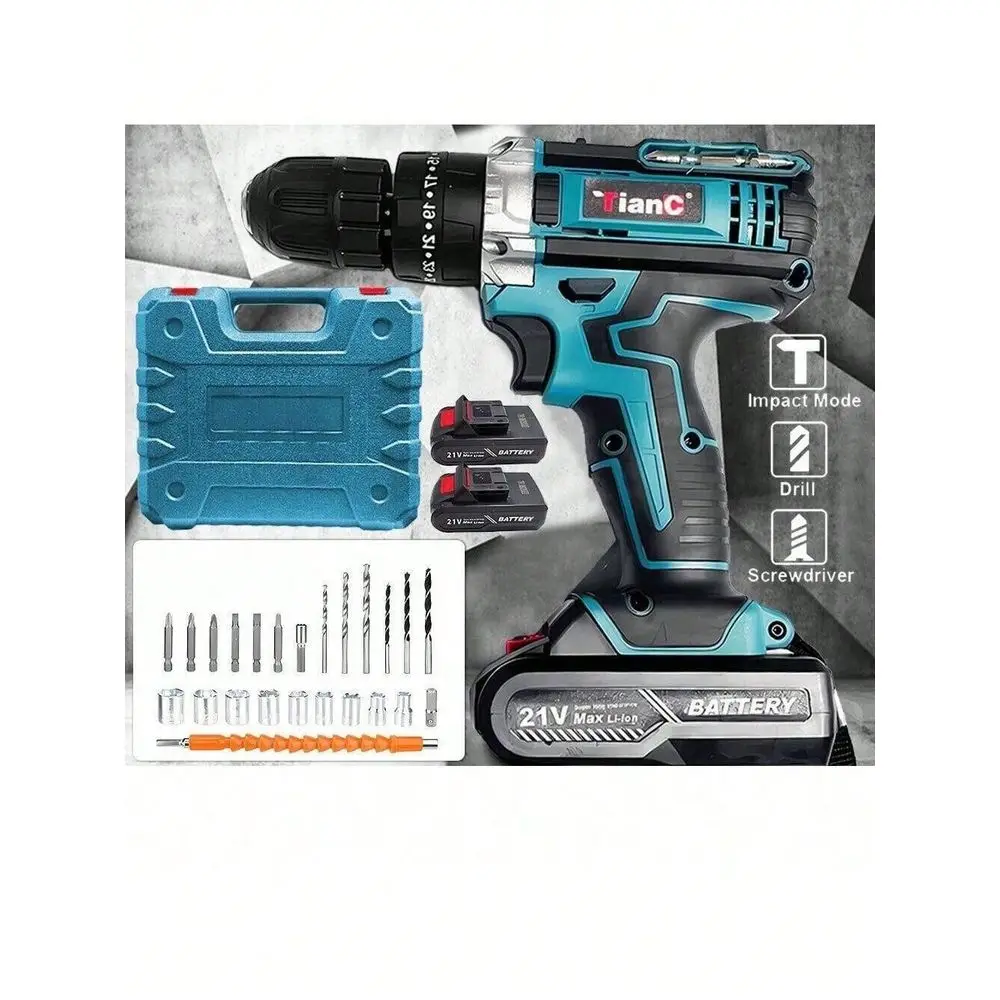 

21V Cordless Drill Set 3 8 Inch Keyless Chuck, 25Position 3Clutch Electric Drill With Work Light, 45Nm Max Torque, 2Variable Spe