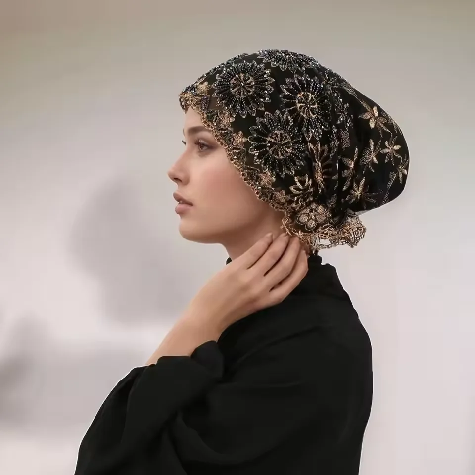 

Luxury Lace Underscarf Women Inner Hijab Cap Head Cover Mesh Embroidered Beaded Hat Muslim Arabic Worship Hats Beanies Bonnet