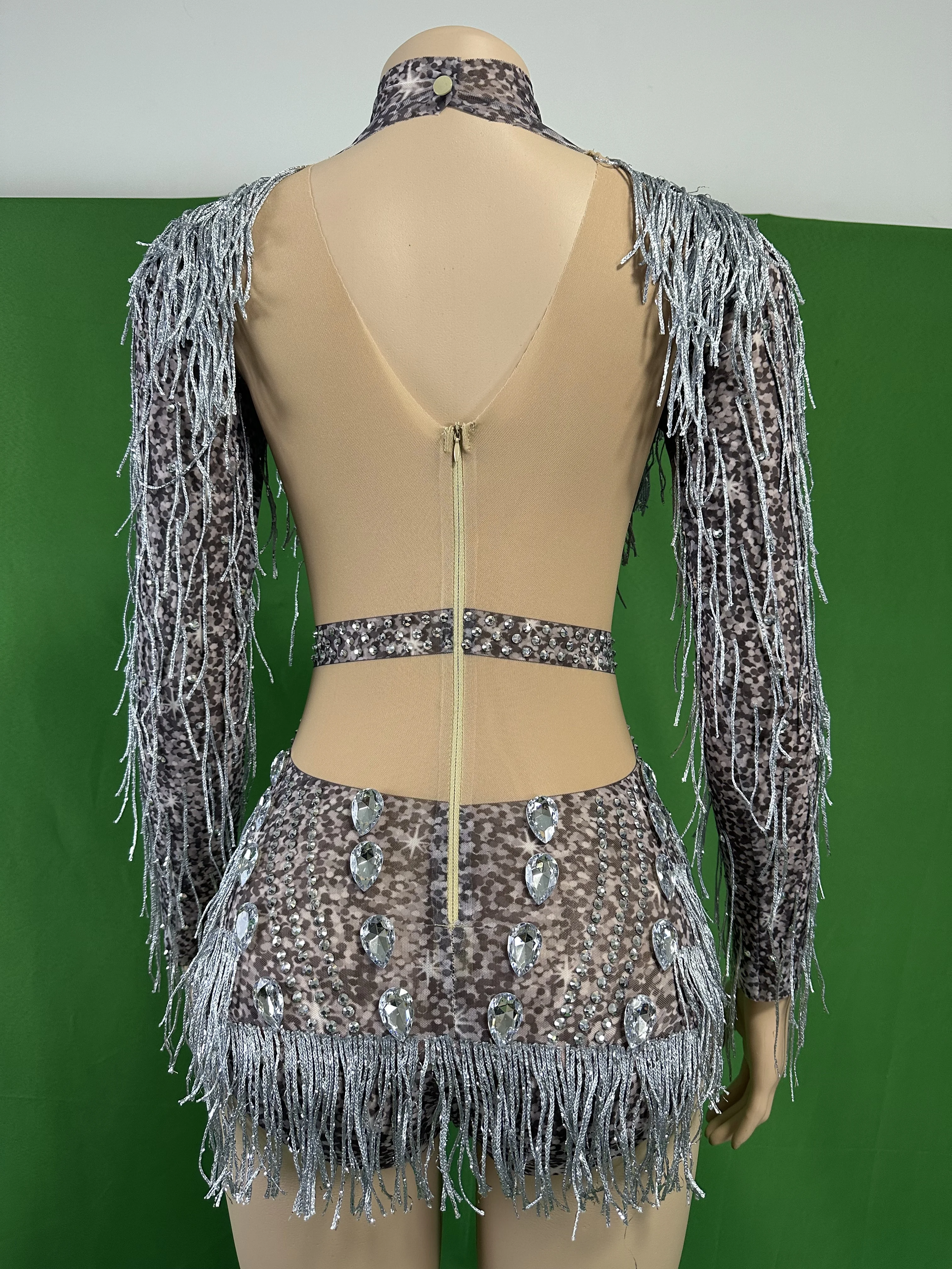 Silver Gray Mesh Sheer Stretch Rhinestone Fringe Bodysuits For Women Salsa Jazz Latin Dancing Drag Queen Costume 2024 Pole Club