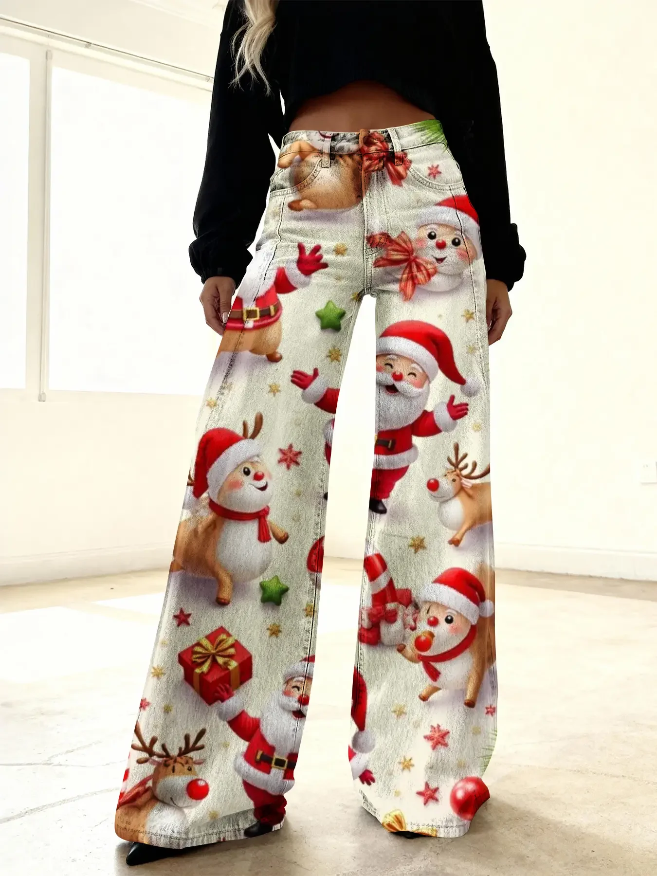 Women's imitation denim printed high waisted flared pants, sweet and cute, Loose leg shape makes you look slimmer