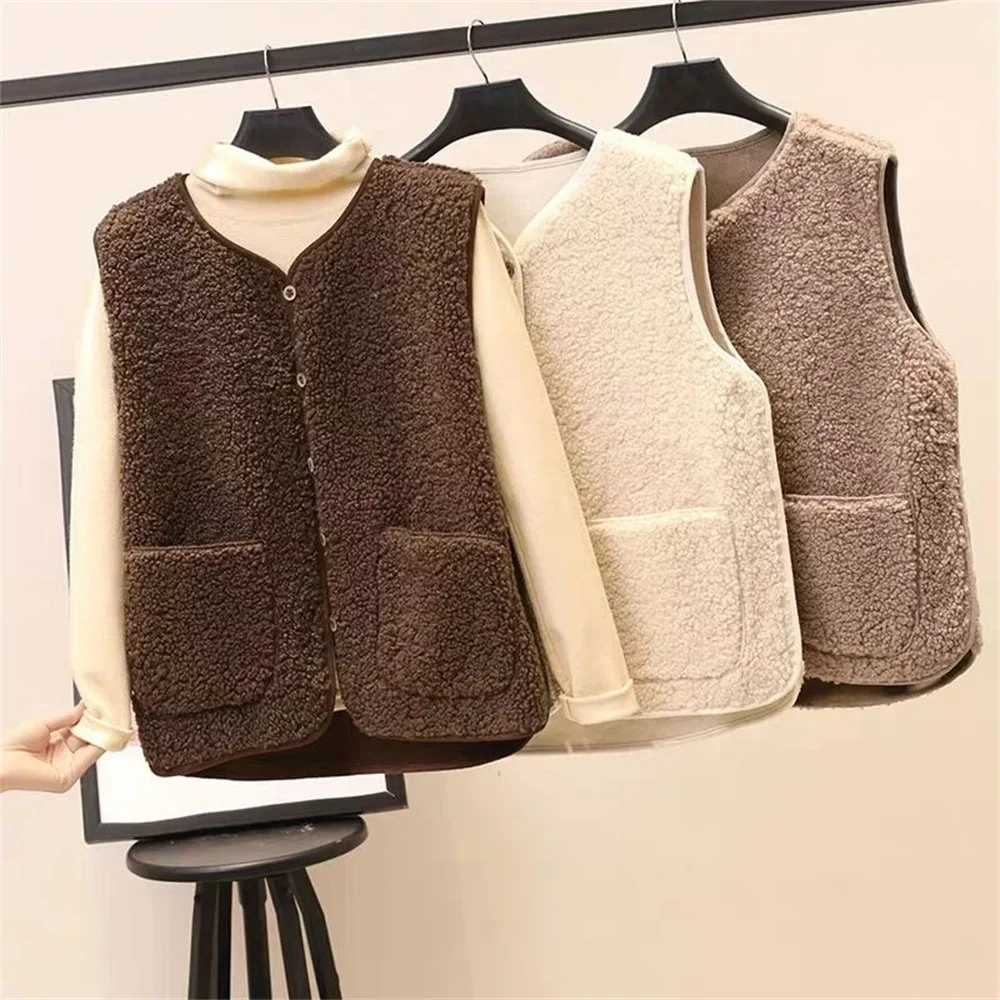 

Vests New Spring Autumn Women Button Waistcoat Lamb Wool Winter Thermal Warm Thick Fleece Vests Sleeveless Jacket Ladies Coats