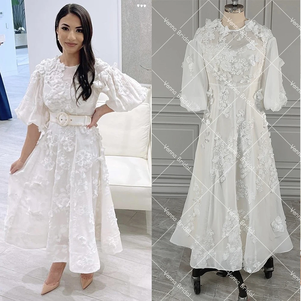 Ankle Length 3D Flowers Princess Wedding Dress Midi Length Custom Made Half Lantern Sleeves Drop Ship Embroidered Bridal Gowns