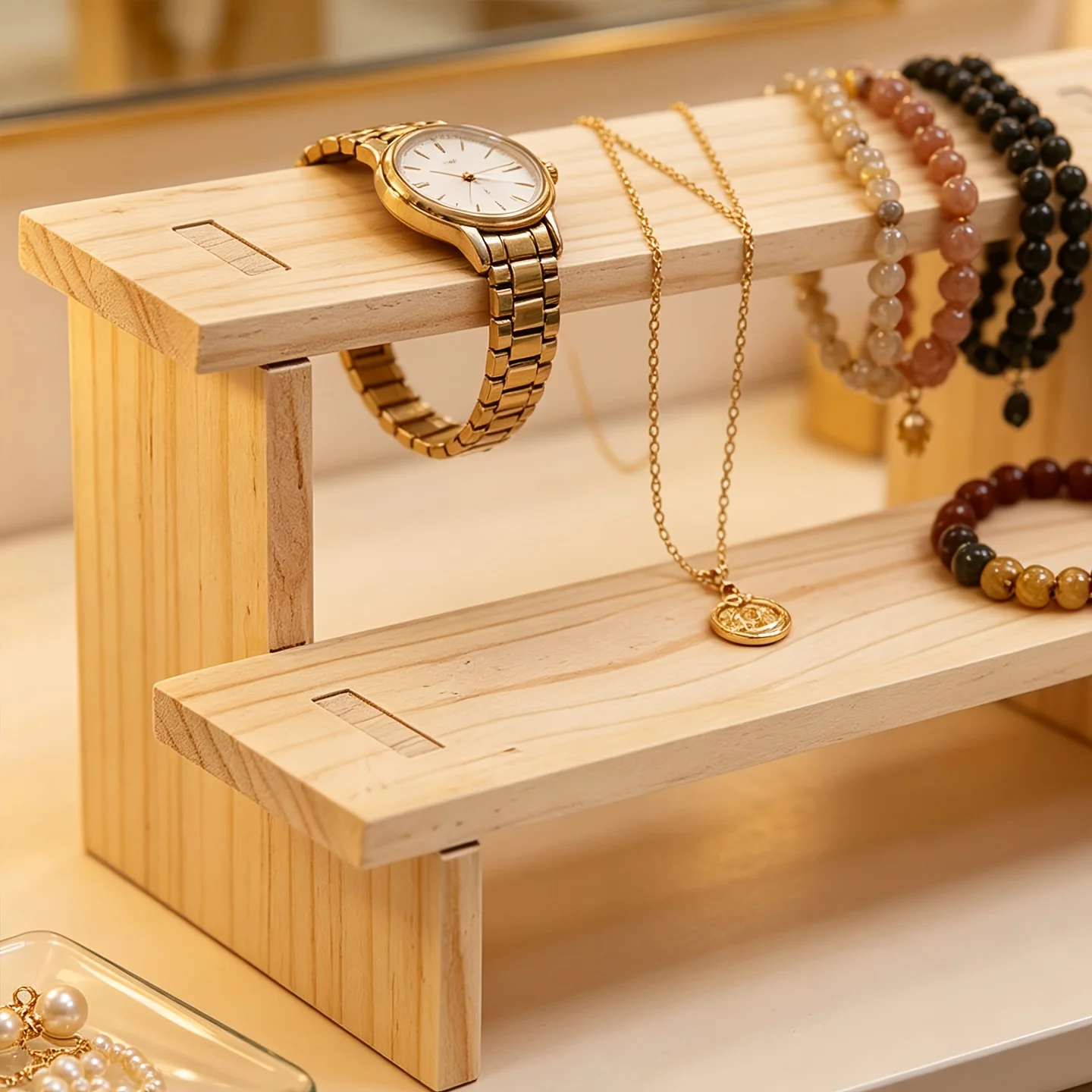 1Pc Two-Tier Wooden Desktop Display Stand Stepped Storage Rack for Perfume Cosmetic Doll Toy Home Organization