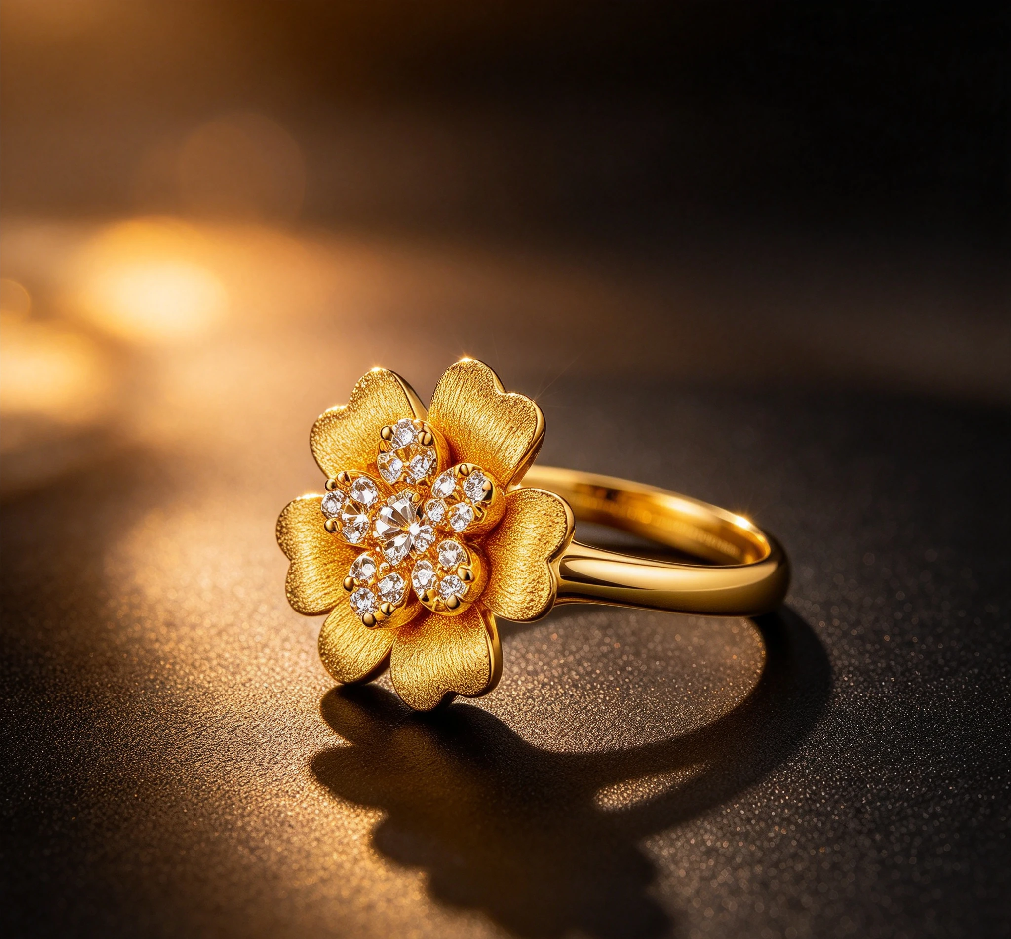 9999 gold brushed-gold petal ring - petite and sweet, with small diamonds, open-ended finger ring