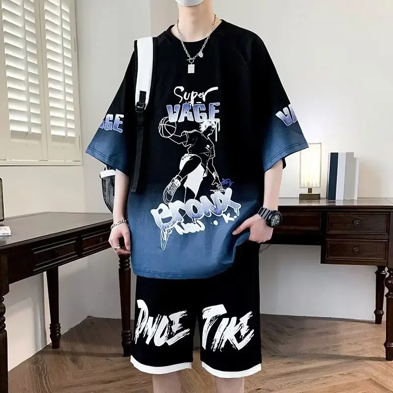 

Men's Oversized Sets Basketball Tracksuits High Street Youth T-shirt Shorts 2 Piece Set Men Trendy Top Designer Clothes