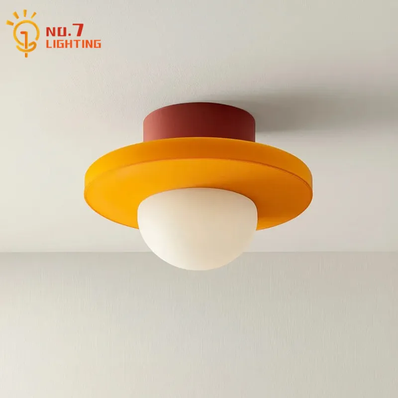 Cream Wind Round Glass Iron Art Ceiling Light LED E27 Macaron Colorful Ceiling Lamp Corridor Aisle Balcony Entrance Bedroom Cafe