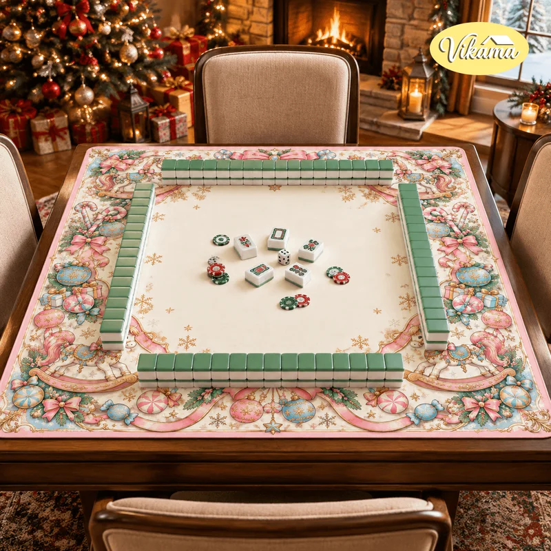 VIKAMA Christmas Pink Rocking Horse Mahjong Mat Non Slip Washable Table Cover for Kids Family Game Night Holiday Gift