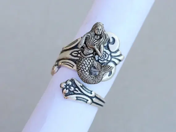 Newest Vintage Mermaid Ring Wrapped Antique Silver Plated Spoon Ring Jewelry Gift for women Drop Shipping with box YLQ0327