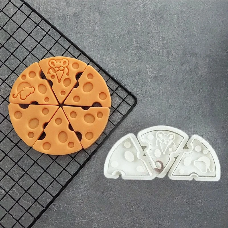 Cortadores de galletas con forma de queso y ratón, moldes para galletas y Pizza con animales de dibujos animados, sellos 3D PLA, herramientas para hornear en relieve para Fondant