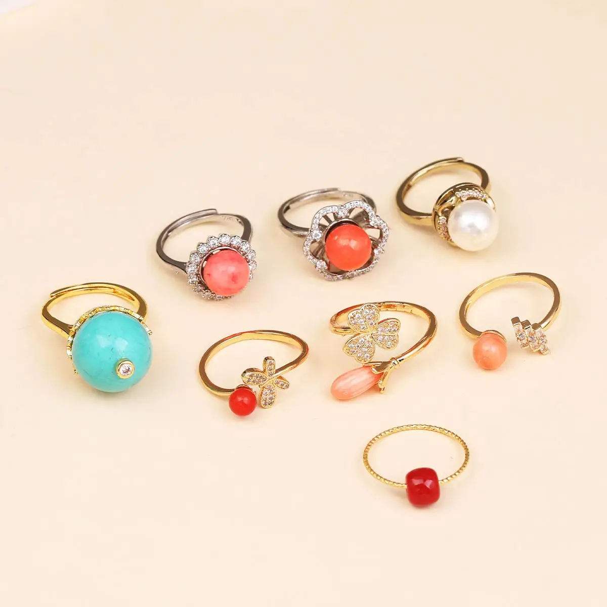 Natural Coral Ring, Horse Eye Stone Stackable Ring, Women's Jewelry