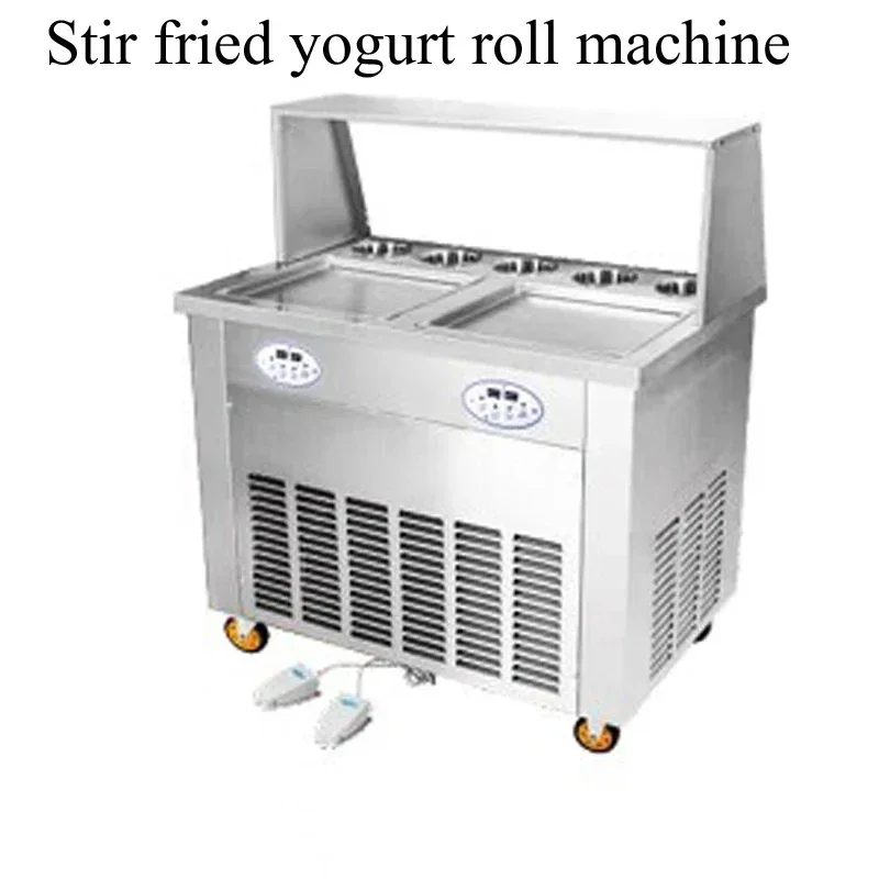 Máquina de helado tailandesa de doble sartén/máquina para freír yogur, máquina para hacer helado frito en rollo con 6 tanques de cobertura y cubierta antipolvo