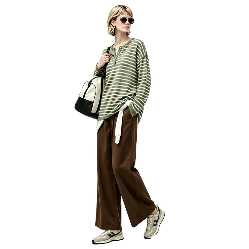 Women's Long Sleeve Henley T Shirt Striped Breathable Lightweight Knit Top Long Staple Cotton Acetate Blend