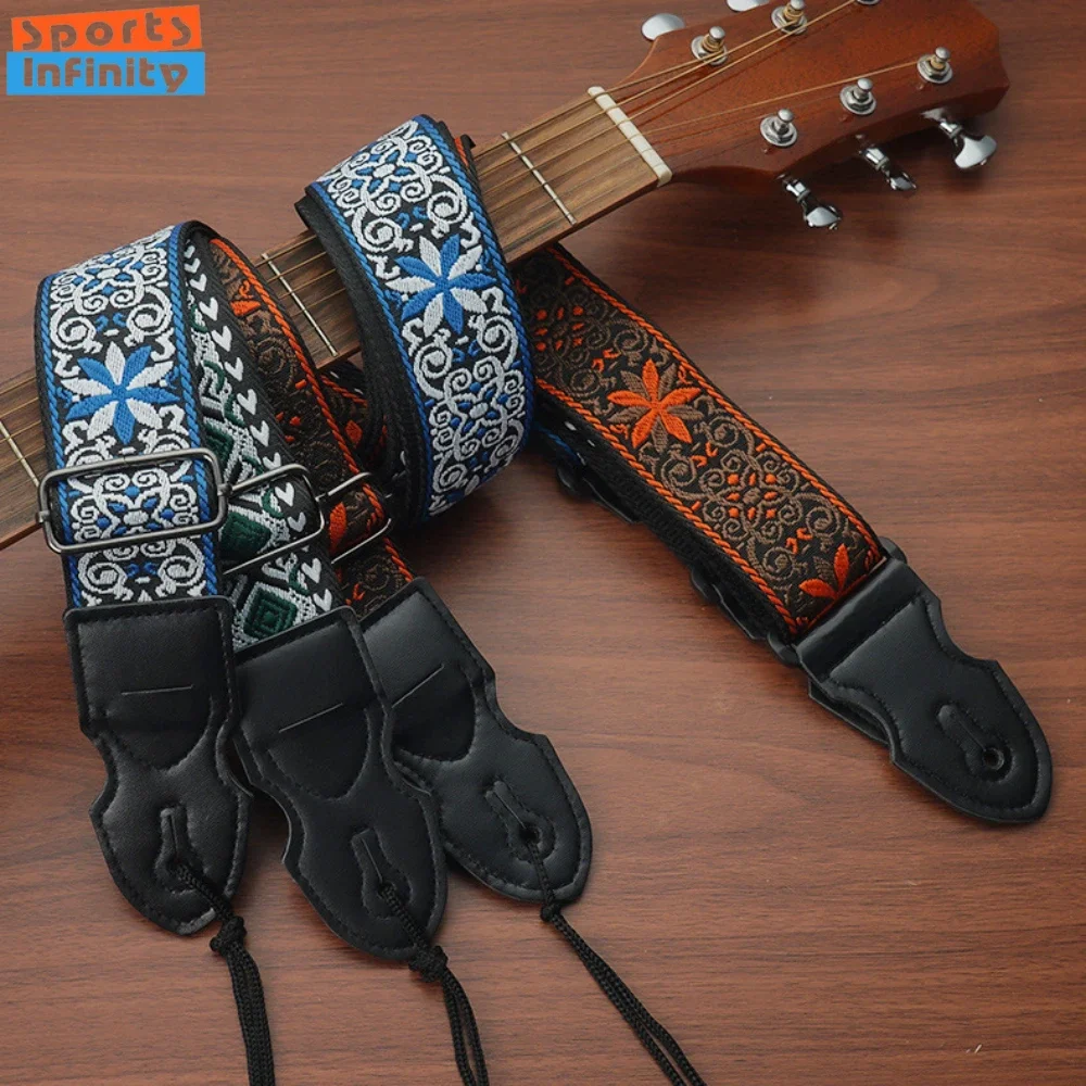 Embroidered Acoustic Guitar Strap with Pick Clips Wooden Electric Guitar Bass Strap UK Shoulder Straps Belt Guitar Accessories