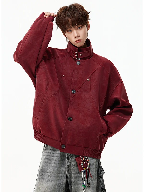 

Мужская весенняя куртка из искусственной кожи с элементами пэчворка в американском стиле, с воротником-стойкой, модная, свободного кроя, в стиле «Красный год Зодиака», новинка к Новому году