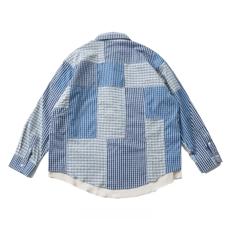 High Street Japanese Vintage Style Patchwork Plaid Shirt Men Women Long Sleeve Lapel Shirt Jacket Men's Clothing