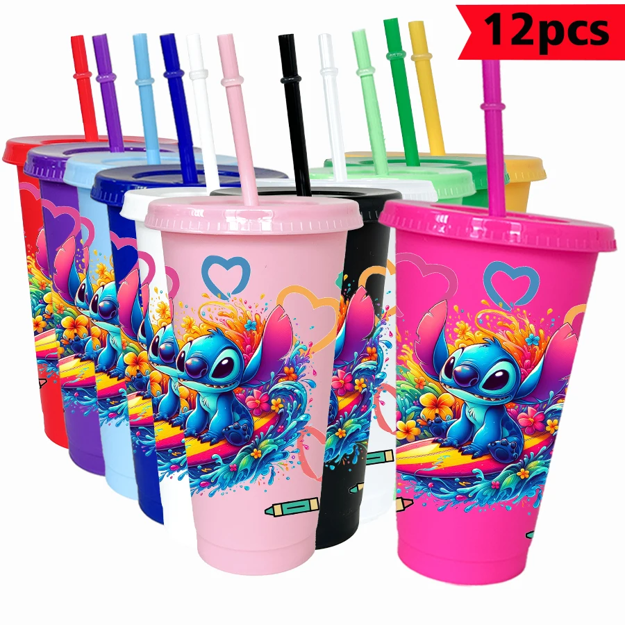 

12Pcs/pack Disney Stitch Love 26oz Color Plastic Tumbler Birthday Party Drinking Utensils Juice Coffee Mug