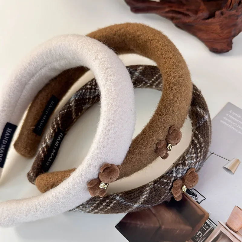 Winter Cute Little Bear Headbands Retro Brown Plush Wide Hair Band for Women Girls Sweet Hair Hoop Female Hair Accessories Retro